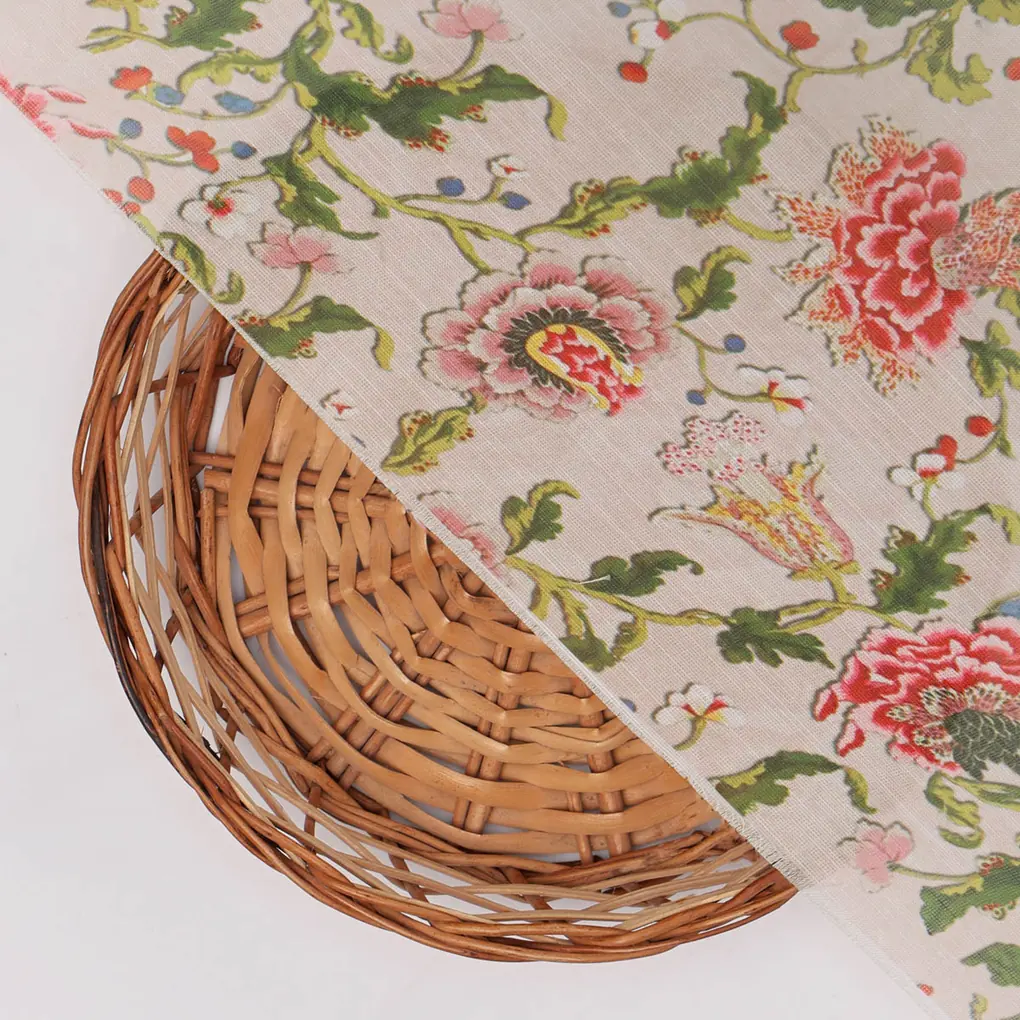 Pink Floral Linen Satin Fabric - Image 3