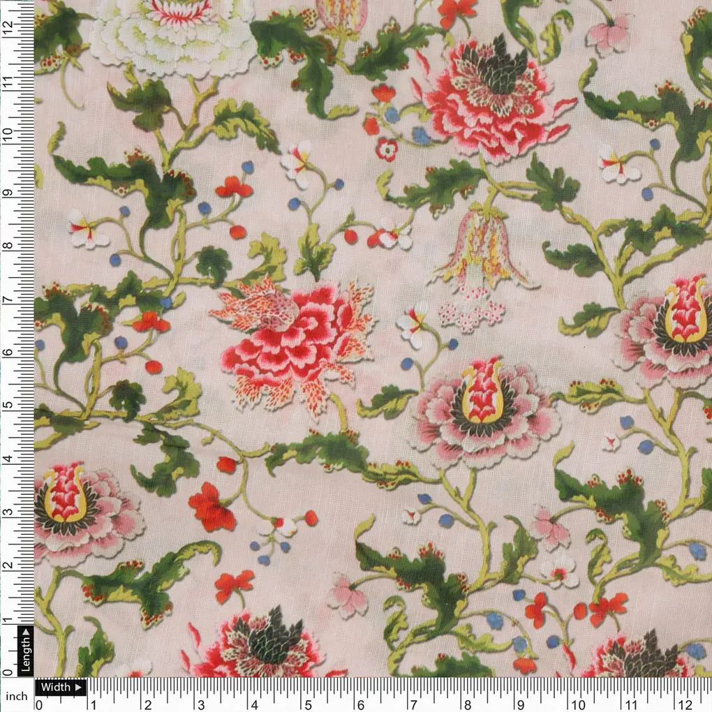 Pink Floral Linen Satin Fabric - Image 4