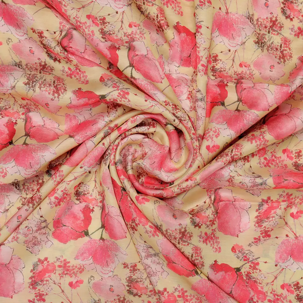 Pink Floral Polyester Linen Satin Fabric for Dresses & Decor - Image 2