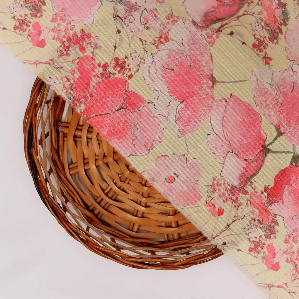 Pink Floral Polyester Linen Satin Fabric for Dresses & Decor - Image 3