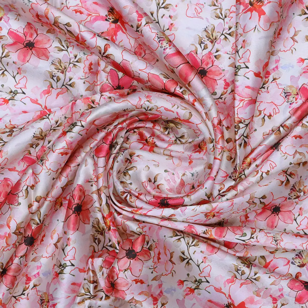 Pink Floral Print Satin Fabric - Image 3
