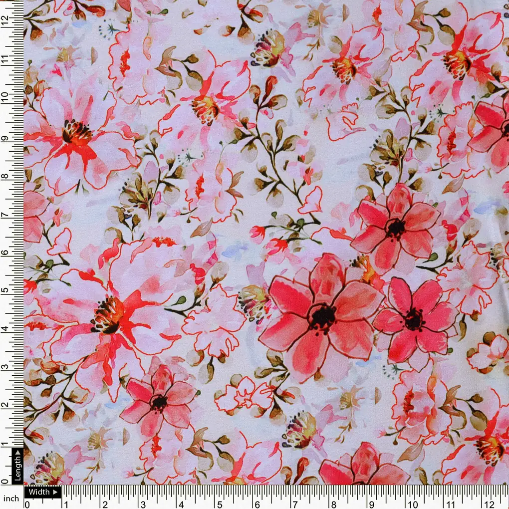 Pink Floral Print Satin Fabric - Image 4
