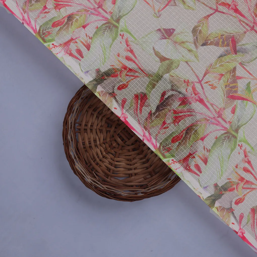 Pink Floral Printed Kota Doria Fabric - Image 2