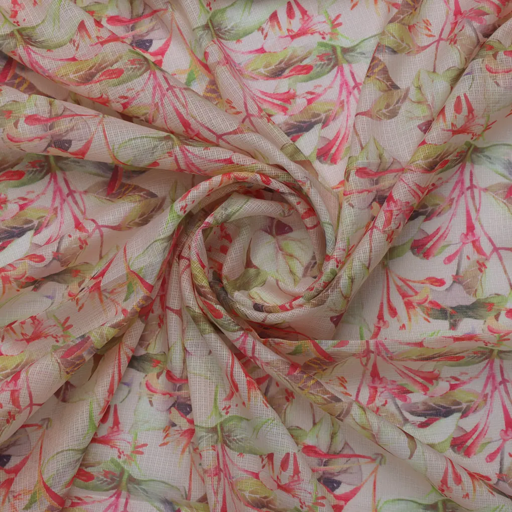 Pink Floral Printed Kota Doria Fabric - Image 3