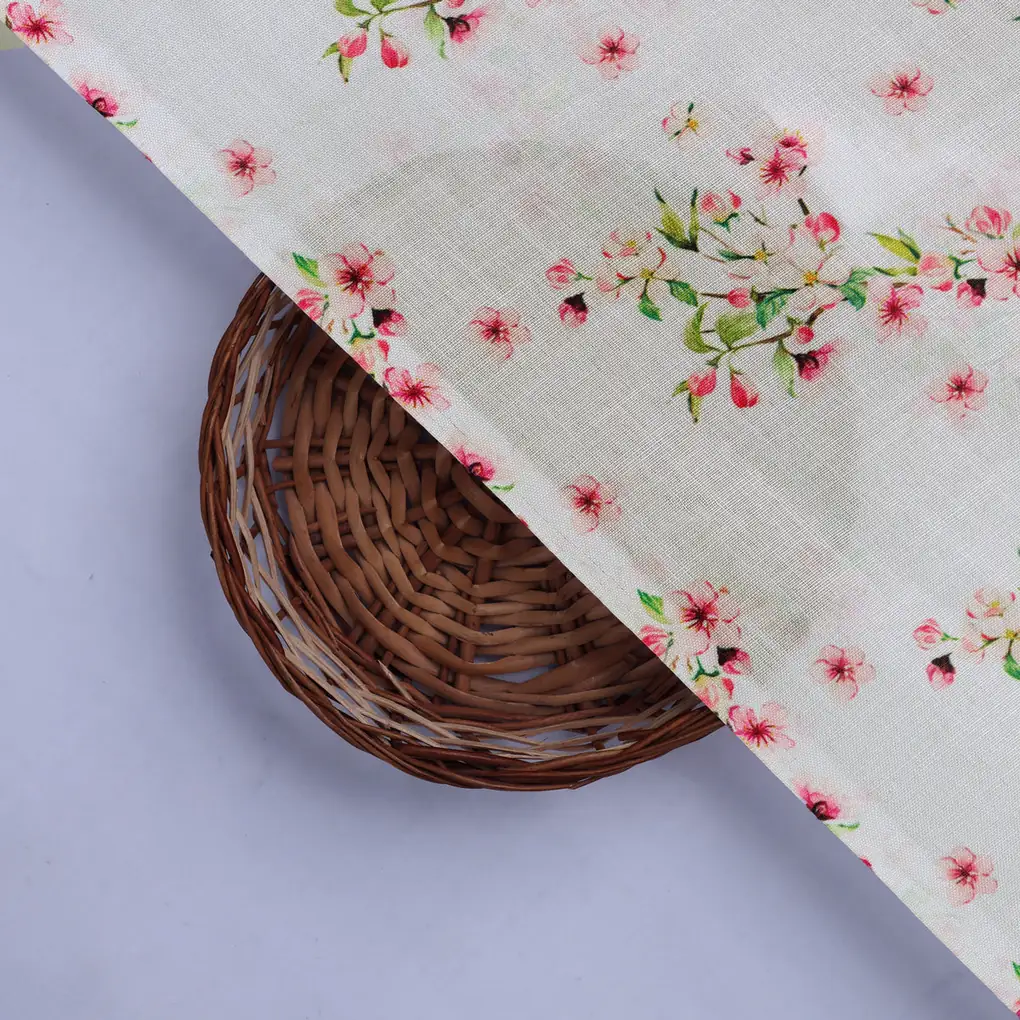Pink Floral Printed Linen Fabric - Image 2