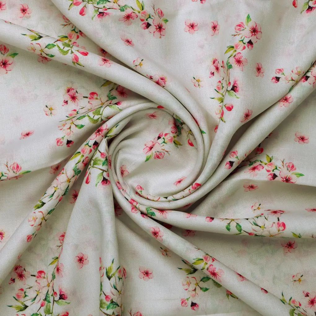 Pink Floral Printed Linen Fabric - Image 3