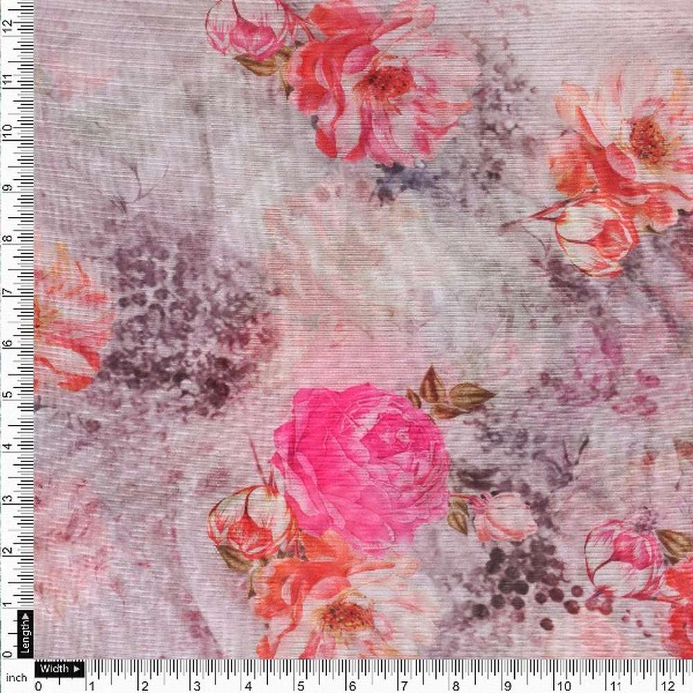 Pink Floral Printed Organza Fabric - Image 4