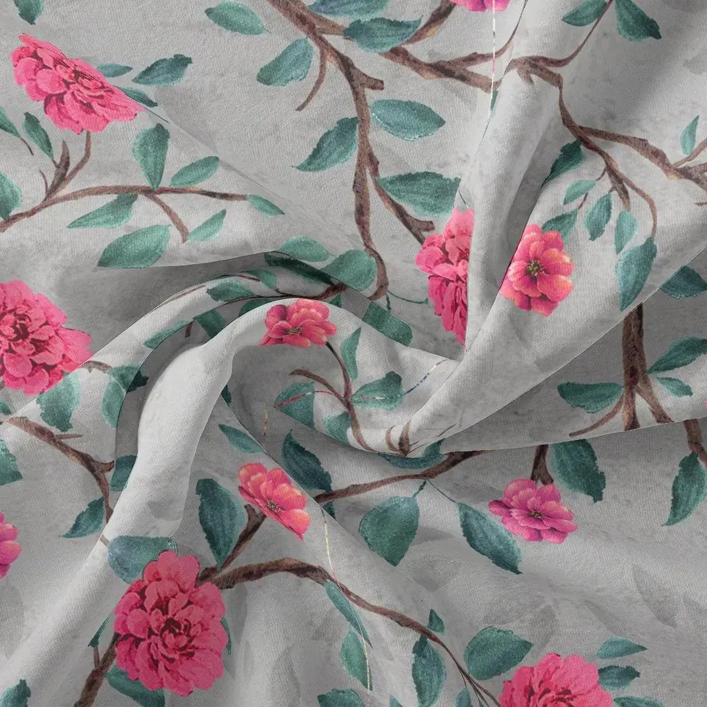 Pink Flower And Branch Digital Printed Fabric - Kora Silk - Image 3