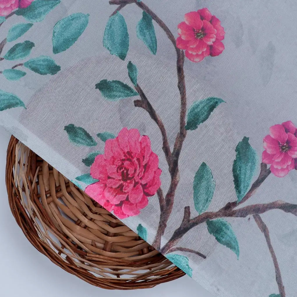 Pink Flower And Branch Digital Printed Fabric - Poly Muslin - Image 2