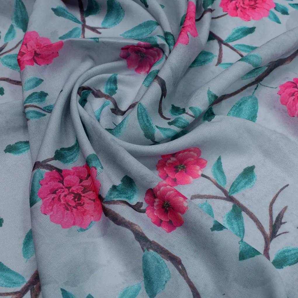 Pink Flower And Branch Digital Printed Fabric - Poly Muslin - Image 3