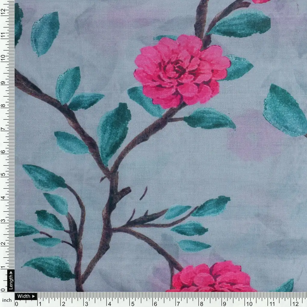 Pink Flower And Branch Digital Printed Fabric - Poly Muslin - Image 4