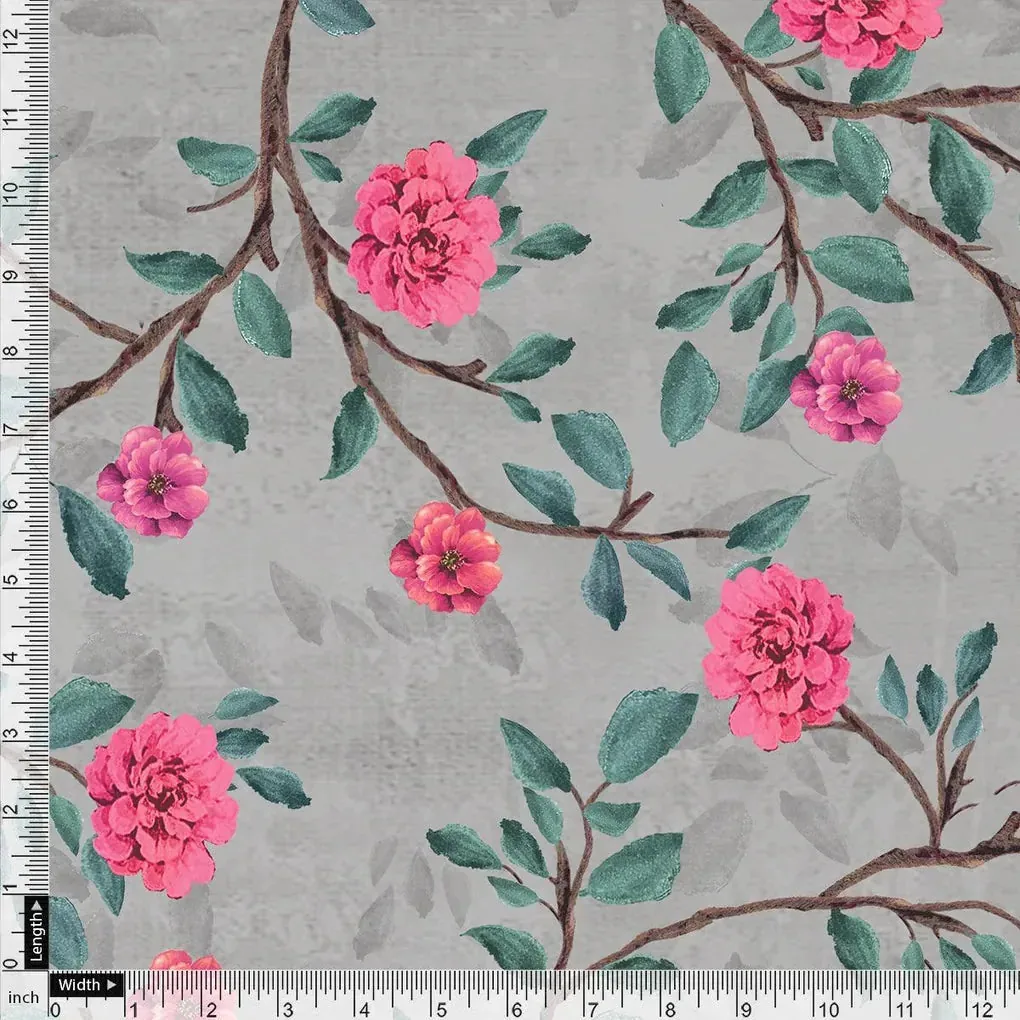 Pink Flower And Branch Digital Printed Fabric - Pure Cotton - Image 4