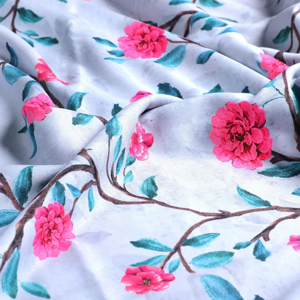 Pink Flower And Branch Digital Printed Fabric - Rayon - Image 3