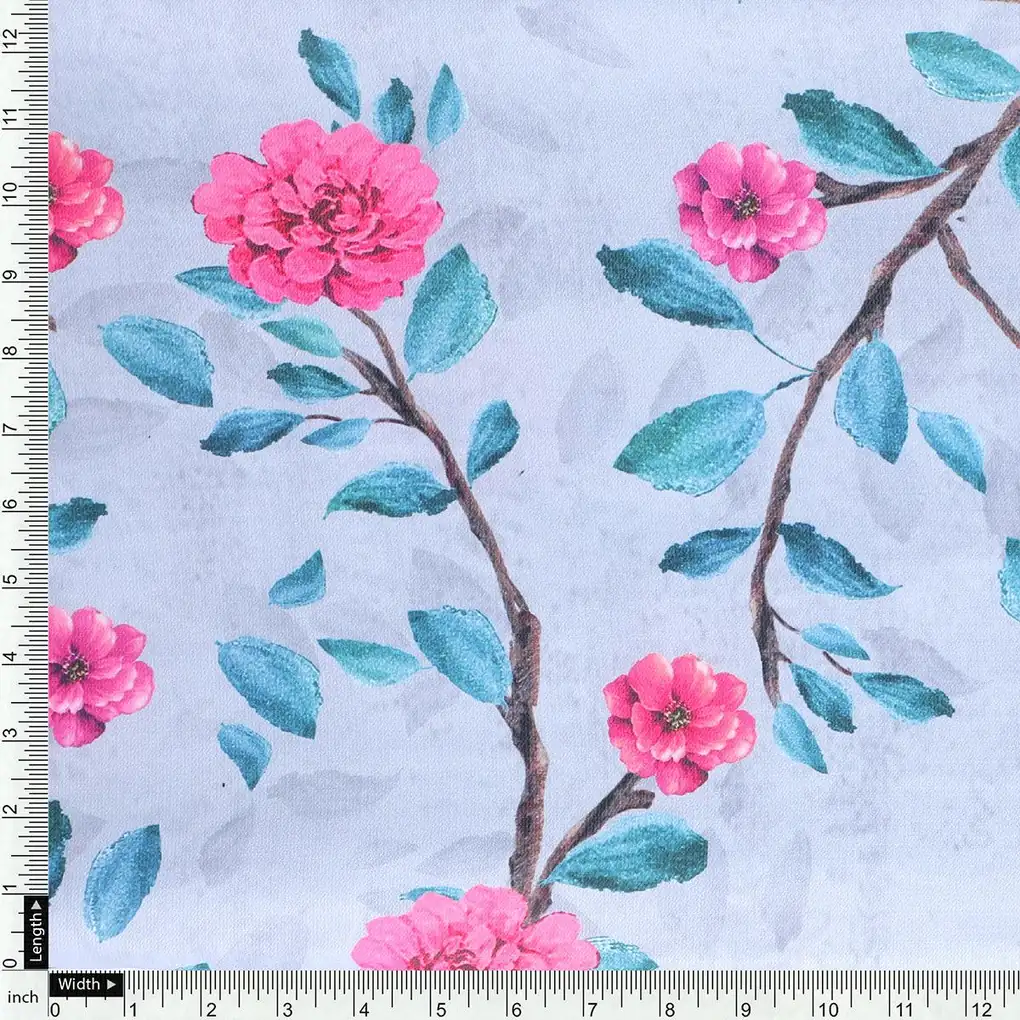 Pink Flower And Branch Digital Printed Fabric - Rayon - Image 4