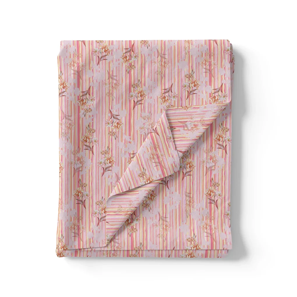 Pink Flower Leaves With Strips Digital Printed Fabric - Pure Cotton - Image 3