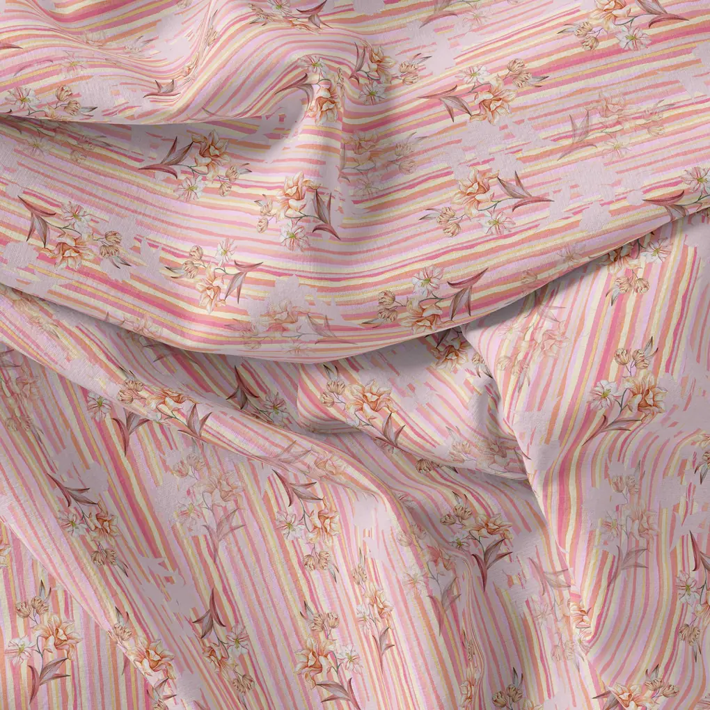 Pink Flower Leaves With Strips Digital Printed Fabric - Pure Cotton - Image 4