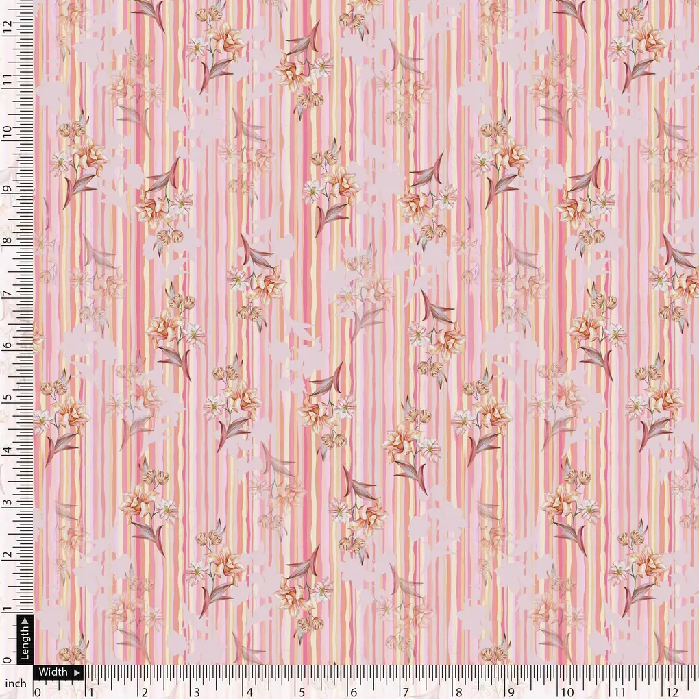 Pink Flower Leaves With Strips Digital Printed Fabric - Pure Cotton - Image 5