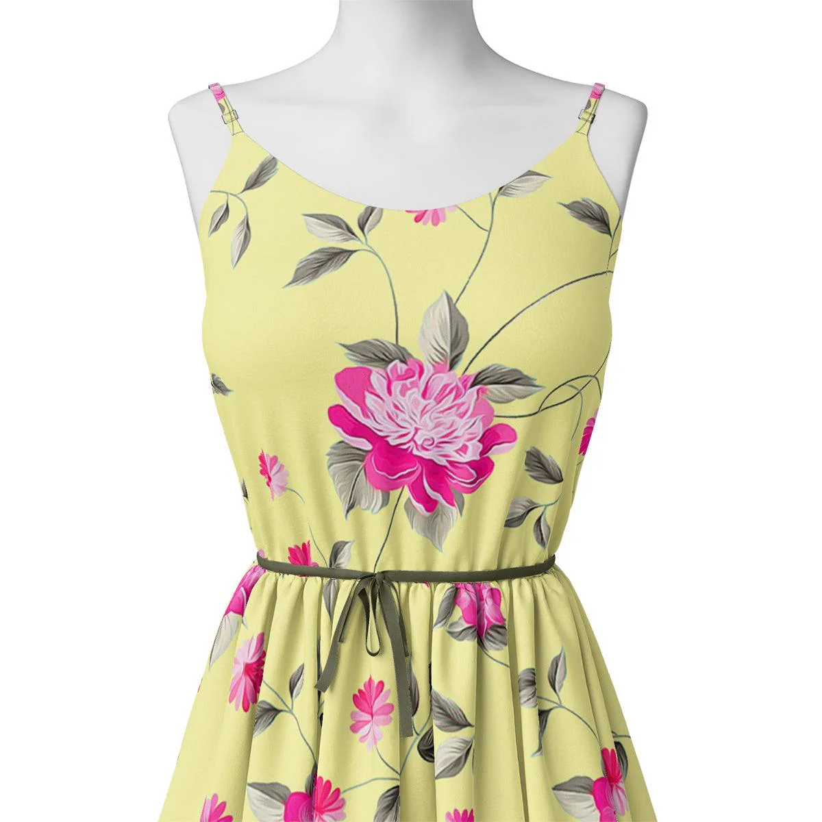 Pink Flower On Lemon Yellow Digital Printed Fabric  - Japan Satin - Image 2