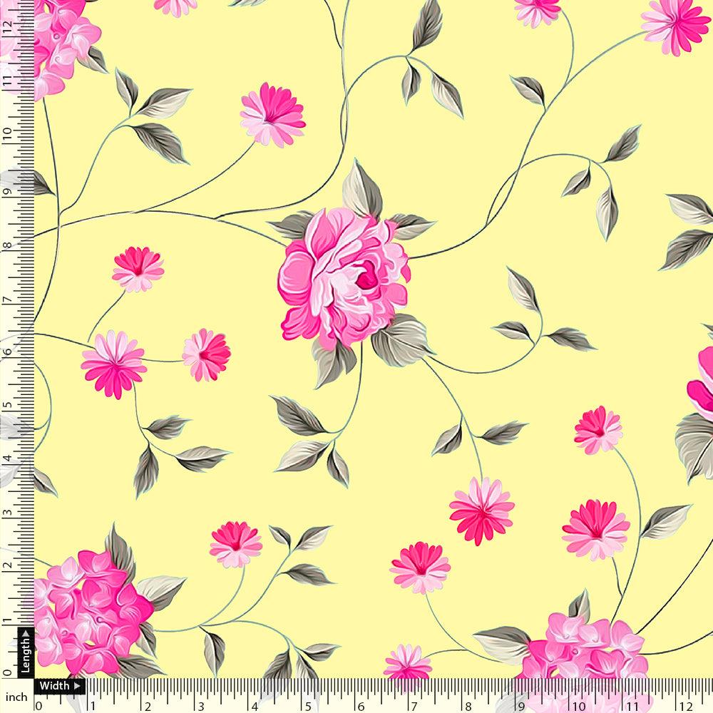 Pink Flower On Lemon Yellow Digital Printed Fabric  - Japan Satin - Image 4