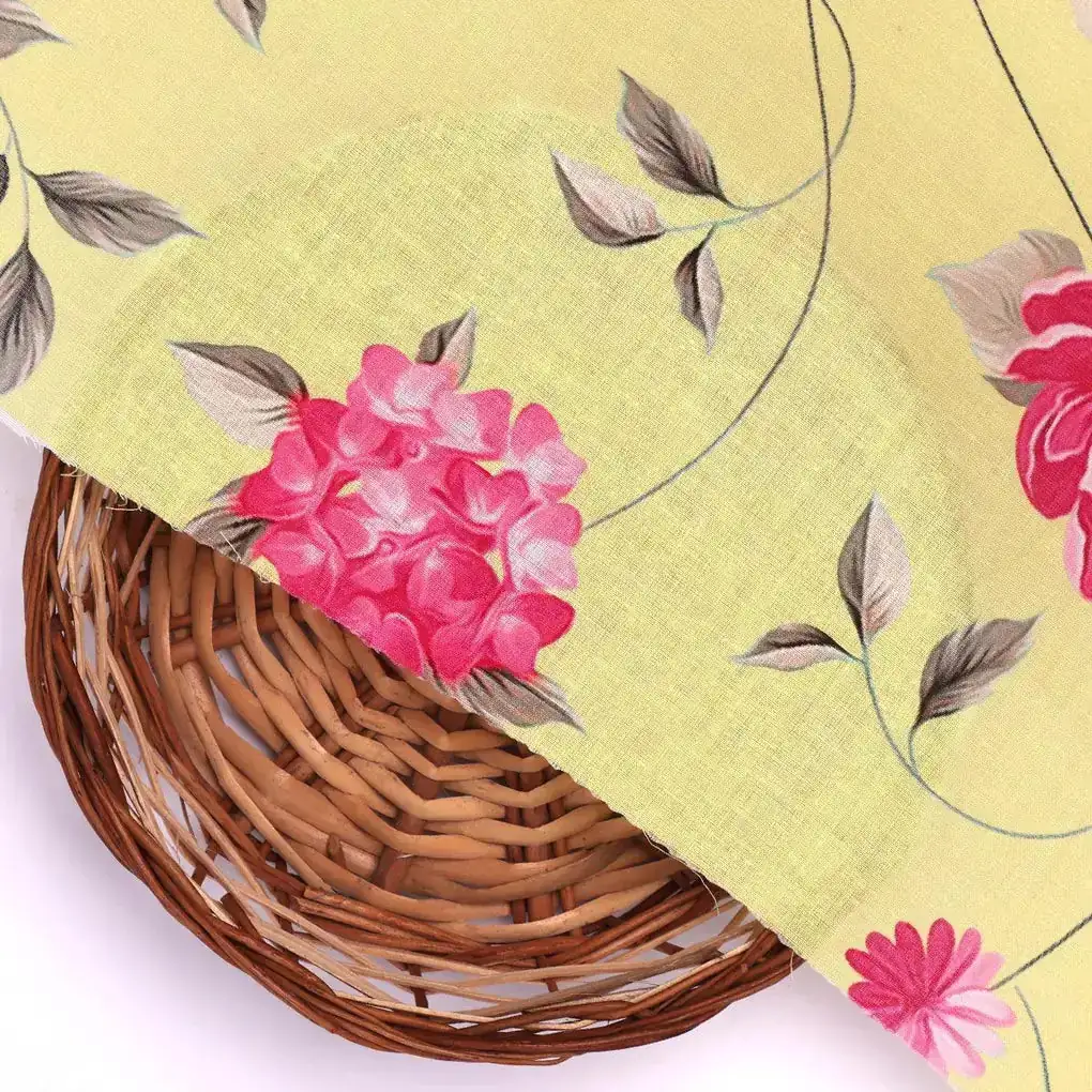 Pink Flower On Lemon Yellow Digital Printed Fabric  - Pure Cotton - Image 2