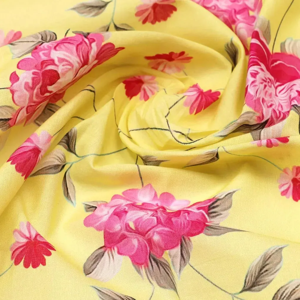 Pink Flower On Lemon Yellow Digital Printed Fabric  - Pure Cotton - Image 3