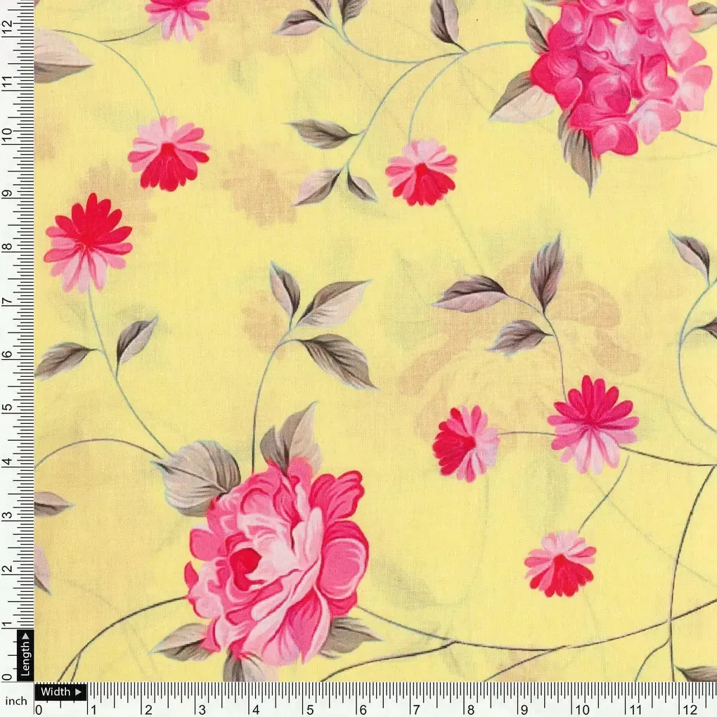 Pink Flower On Lemon Yellow Digital Printed Fabric  - Pure Cotton - Image 4