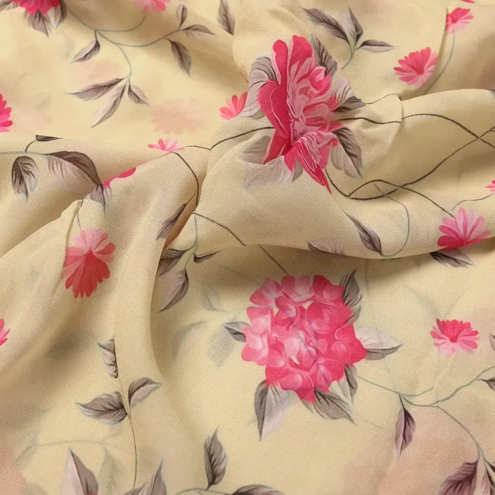 Pink Flower On Lemon Yellow Digital Printed Fabric  - Pure Georgette - Image 3