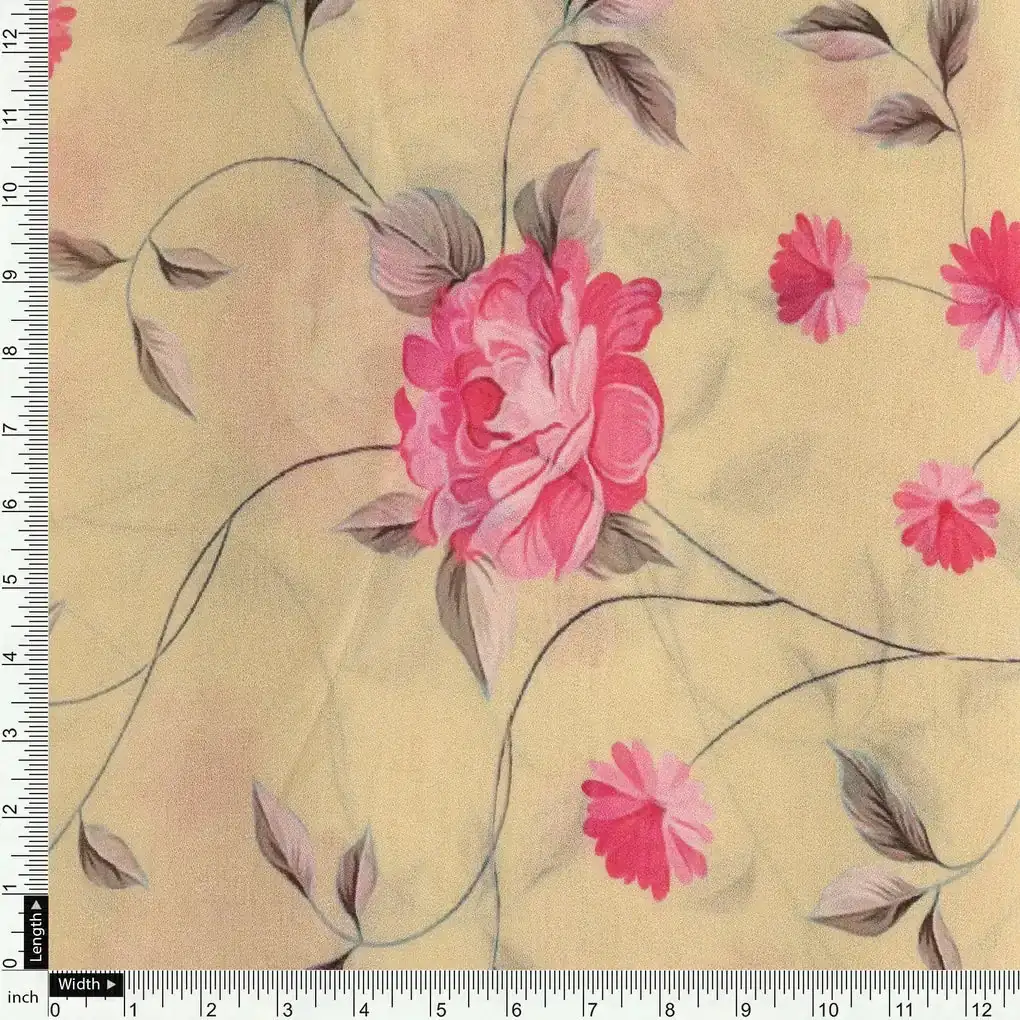 Pink Flower On Lemon Yellow Digital Printed Fabric  - Pure Georgette - Image 4