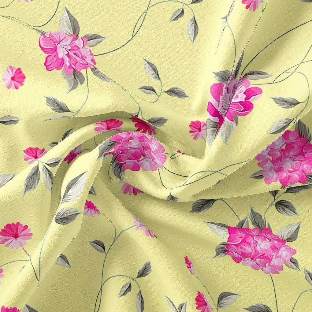 Pink Flower On Lemon Yellow Digital Printed Fabric  - Crepe - Image 3