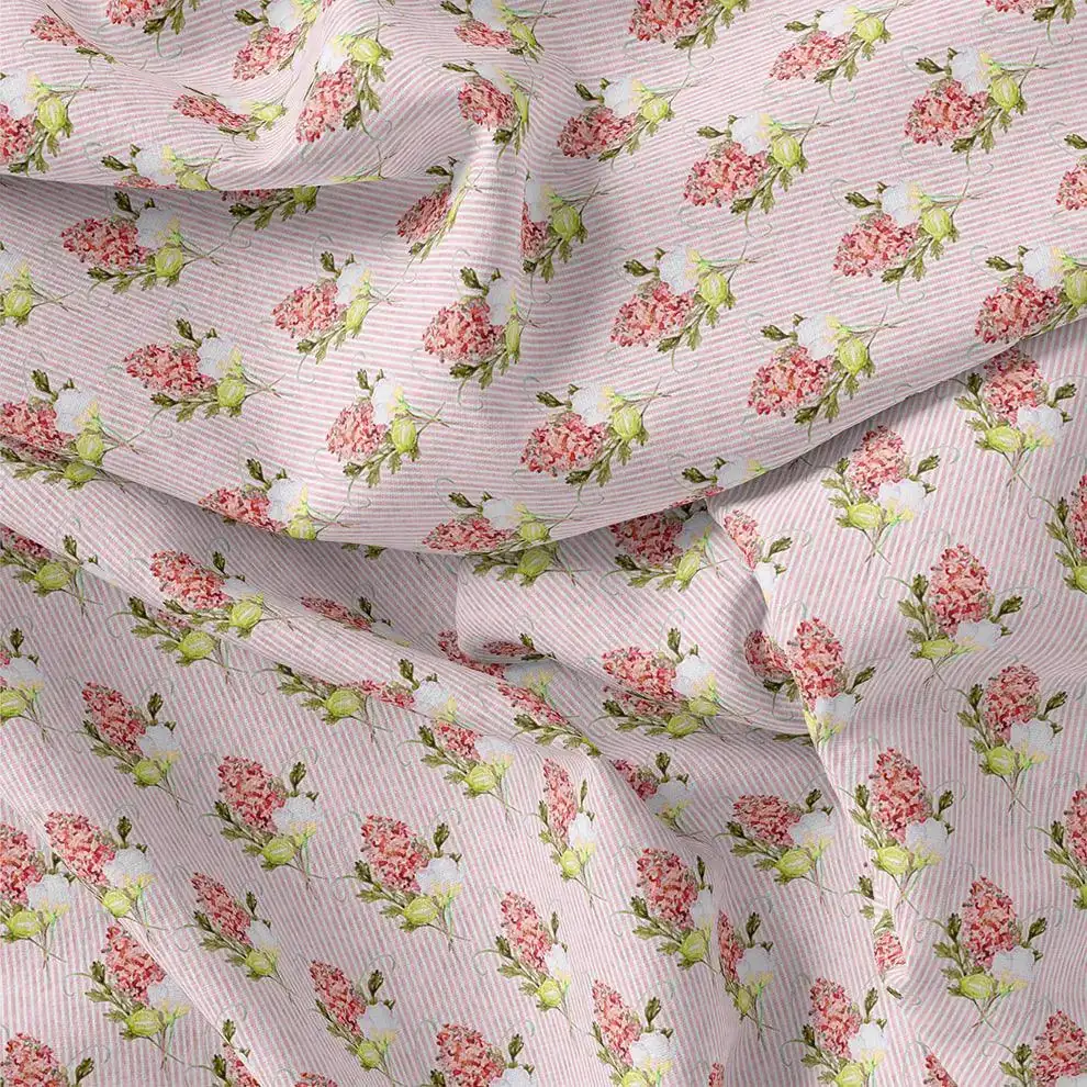 Pink Flower Pack With Stripes Digital Printed Fabric  - Kora Silk - Image 3