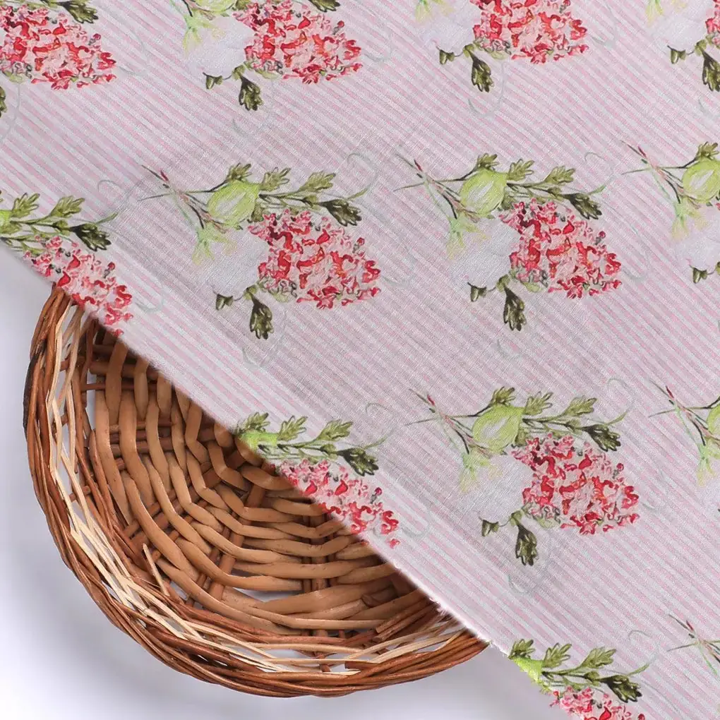 Pink Flower Pack With Stripes Digital Printed Fabric  - Muslin - Image 2