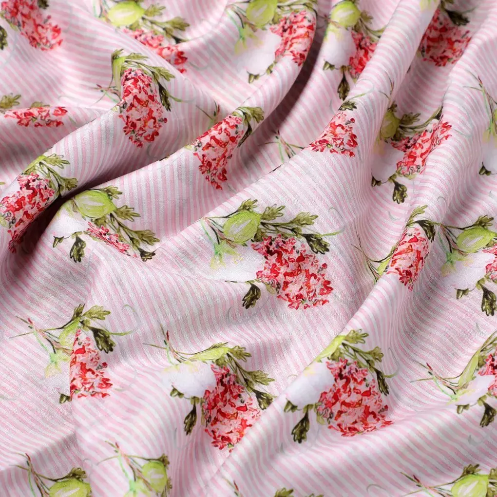 Pink Flower Pack With Stripes Digital Printed Fabric  - Muslin - Image 3