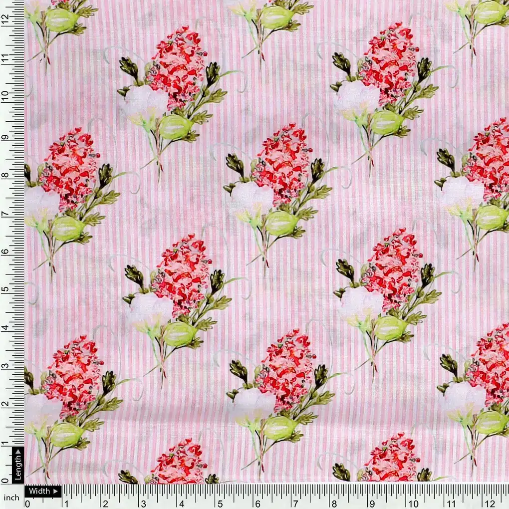 Pink Flower Pack With Stripes Digital Printed Fabric  - Muslin - Image 4