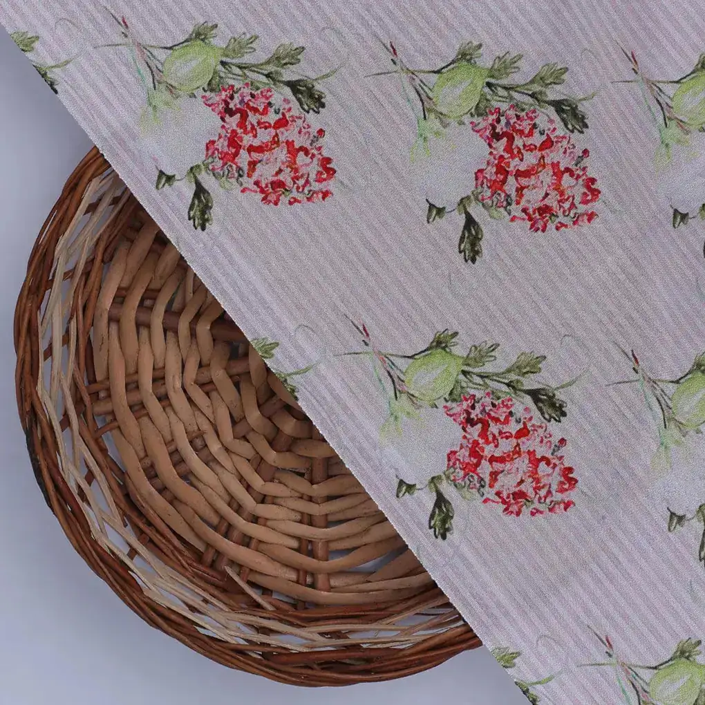 Pink Flower Pack With Stripes Digital Printed Fabric  - Crepe - Image 2