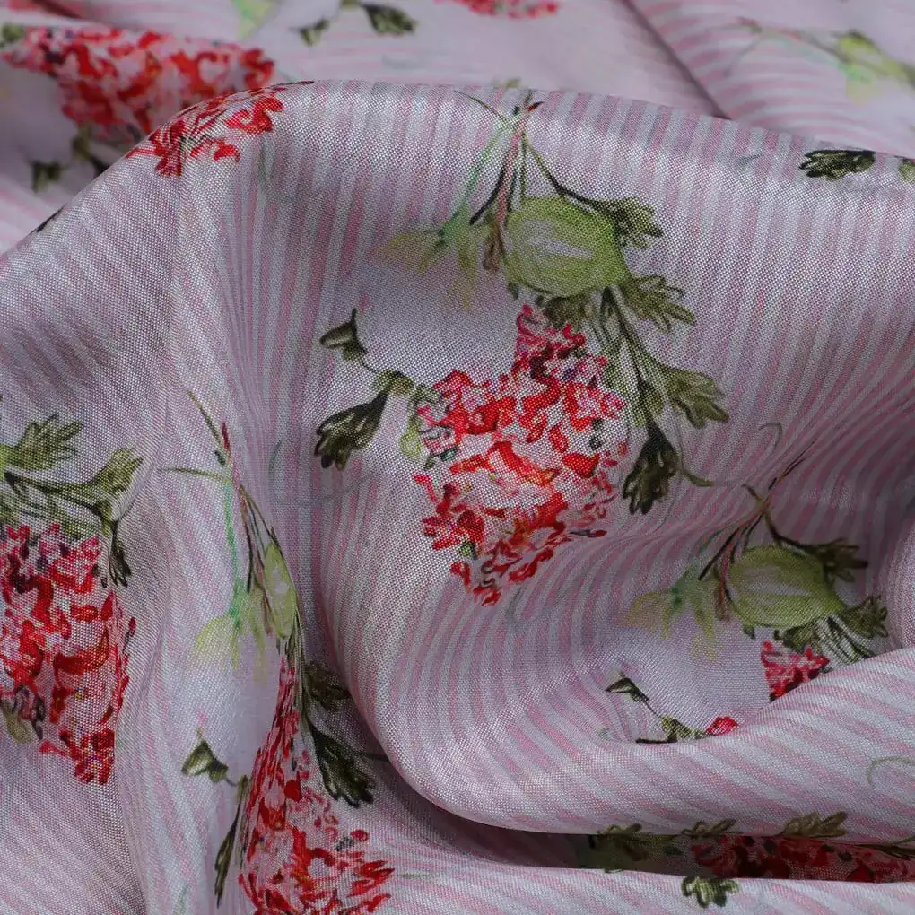 Pink Flower Pack With Stripes Digital Printed Fabric  - Crepe - Image 3
