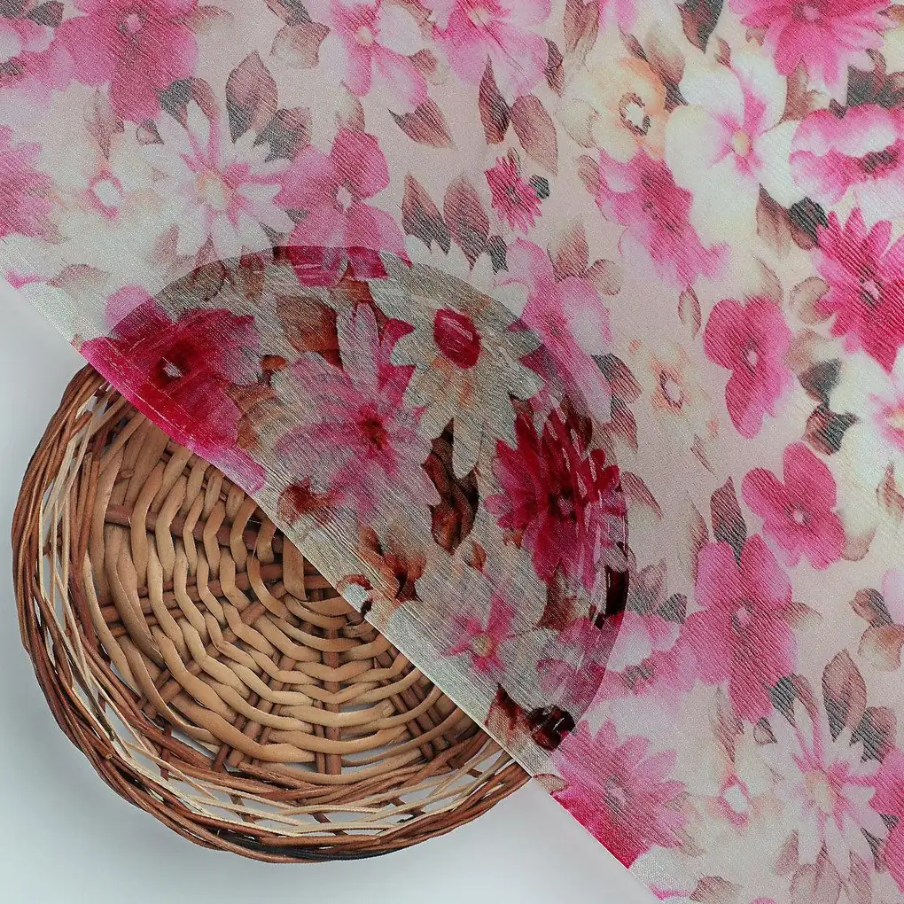 Pink Flower Printed Pure Chiffon Fabric - Image 4