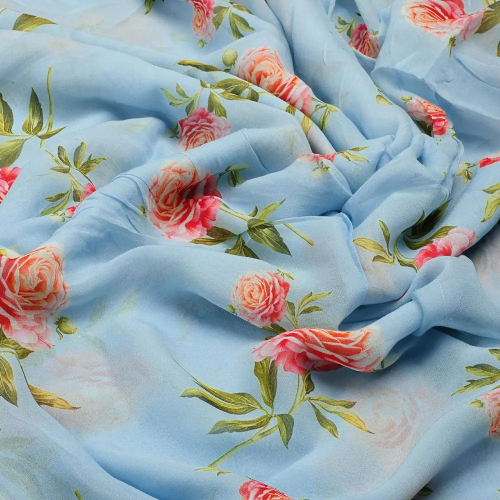 Skyblue Flower Pure Georgette Printed Fabric - Image 3
