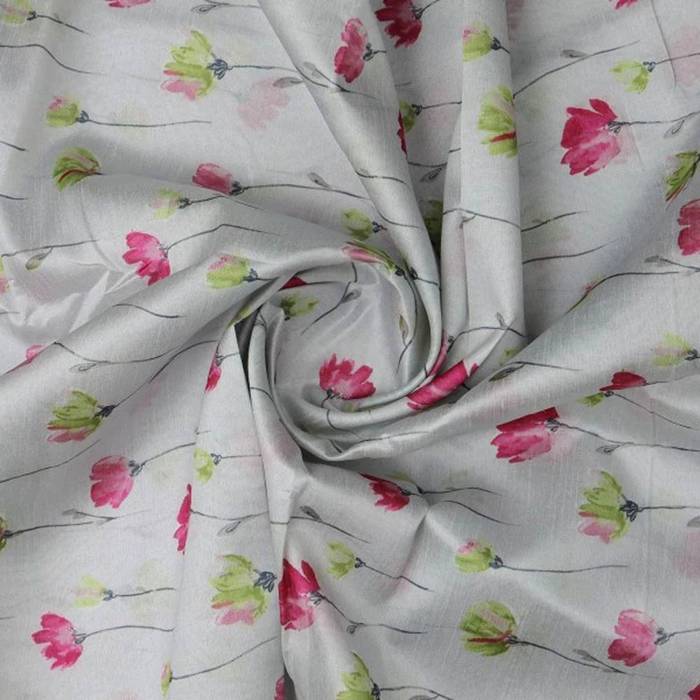 Pink & Green Watercolour Floral Tusser Silk Fabric - Image 2