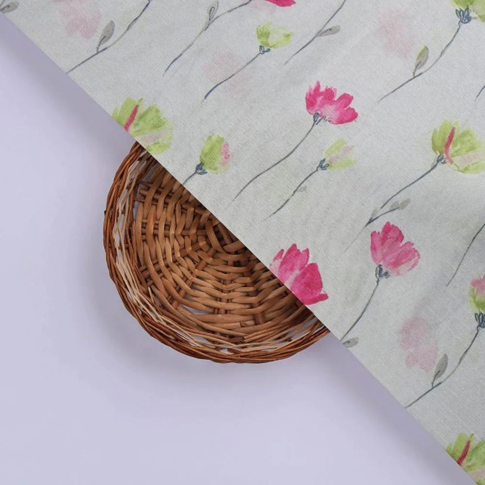 Pink & Green Watercolour Floral Tusser Silk Fabric - Image 3