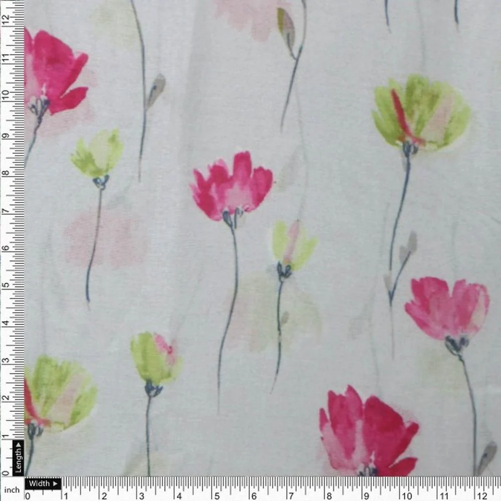 Pink & Green Watercolour Floral Tusser Silk Fabric - Image 4