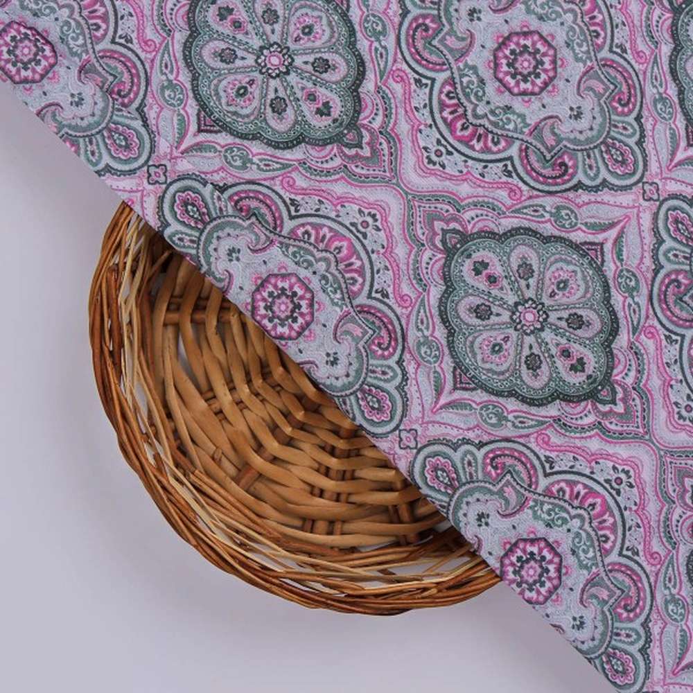 Pink & Grey Damask Decorative Pattern Chanderi Fabric - Image 2