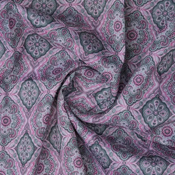 Pink & Grey Damask Decorative Pattern Chanderi Fabric - Image 3