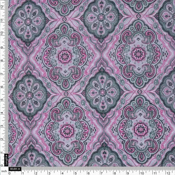 Pink & Grey Damask Decorative Pattern Chanderi Fabric - Image 4