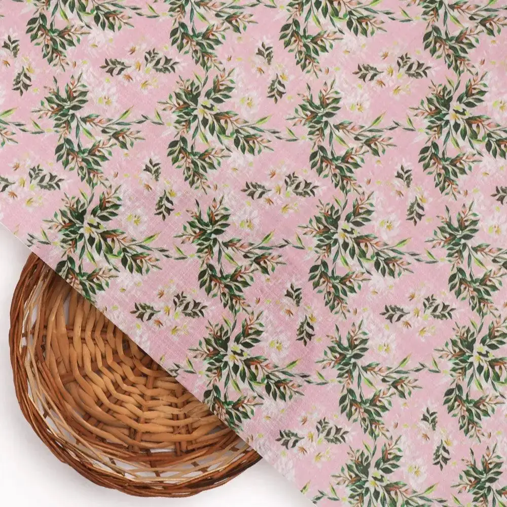 Pink Leaves Linen Printed Fabric Material - Image 3