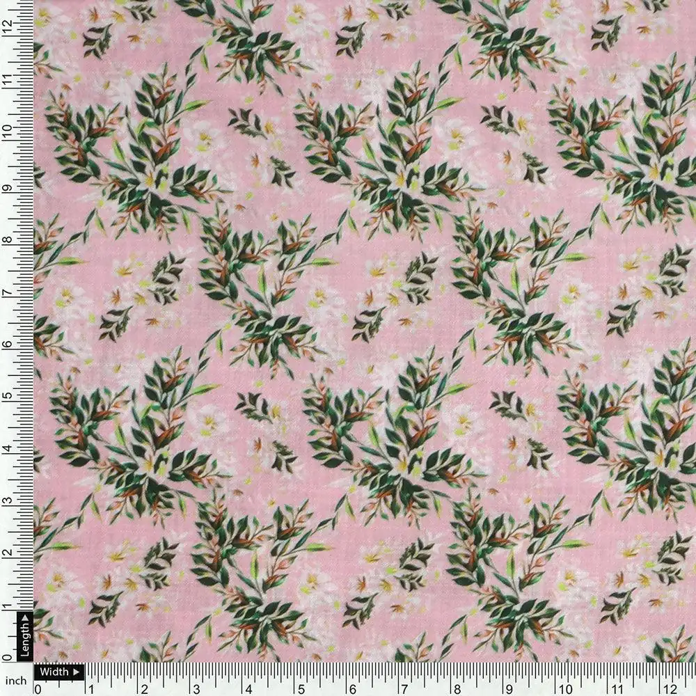 Pink Leaves Linen Printed Fabric Material - Image 4