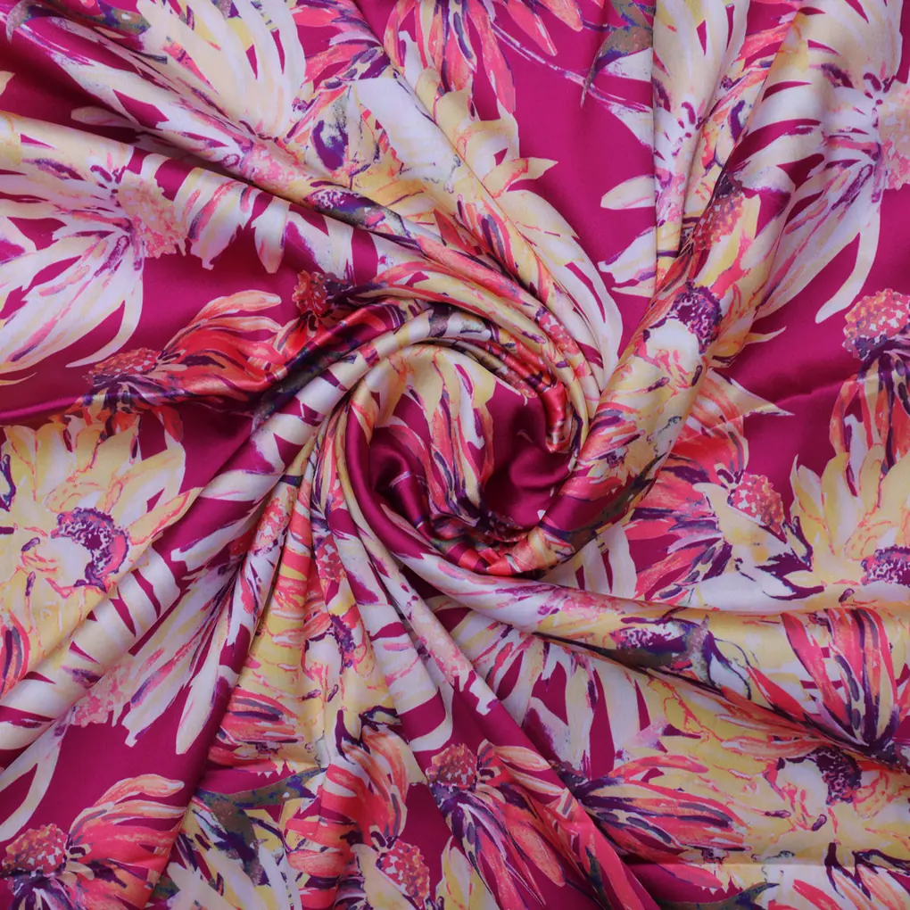 Pink Multicolor Floral Printed Japan Satin Fabric - Image 3