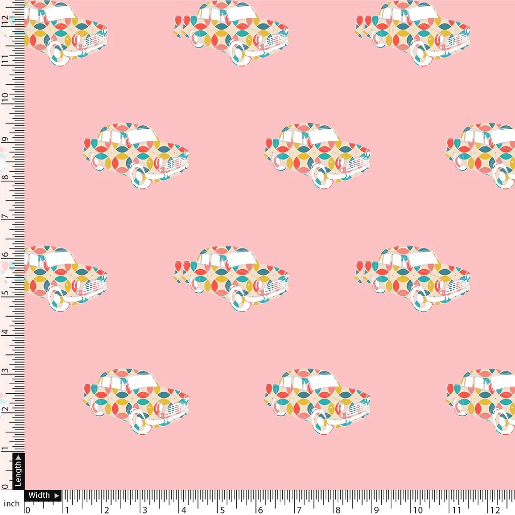 Pink Muslin Digital Printed Kids Fabric with Car Prints - Image 3