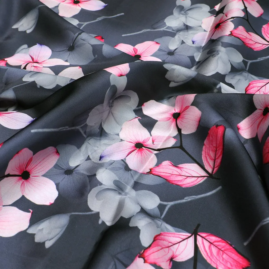 Pink Orchid Flower With Grey Background Digital Printed Fabric - Japan Satin - Image 3