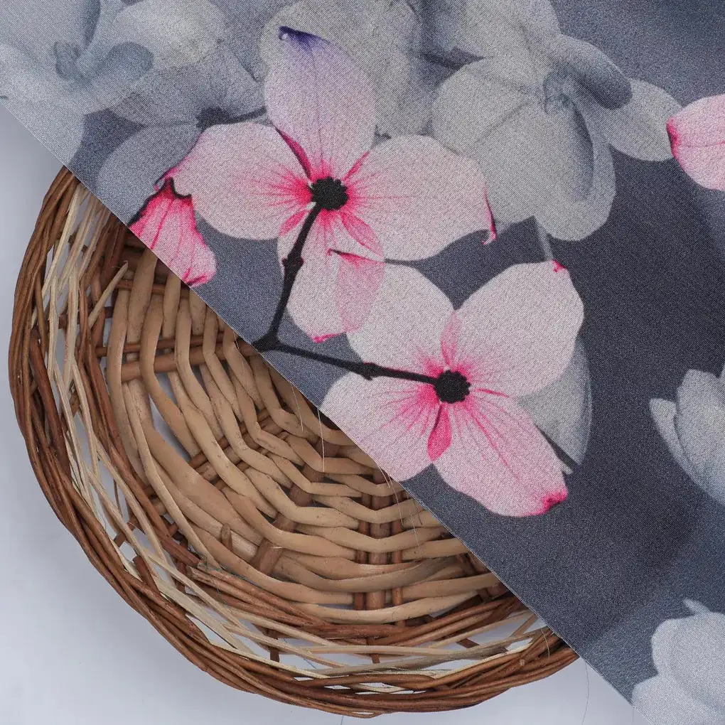 Pink Orchid Flower With Grey Background Digital Printed Fabric - Silk Crepe - Image 2