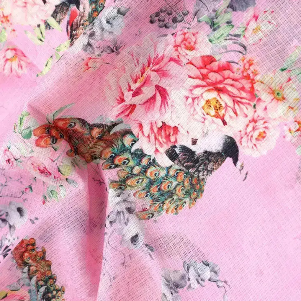 Pink Peacock Floral Digital Printed Kota Doria Fabric - Image 3